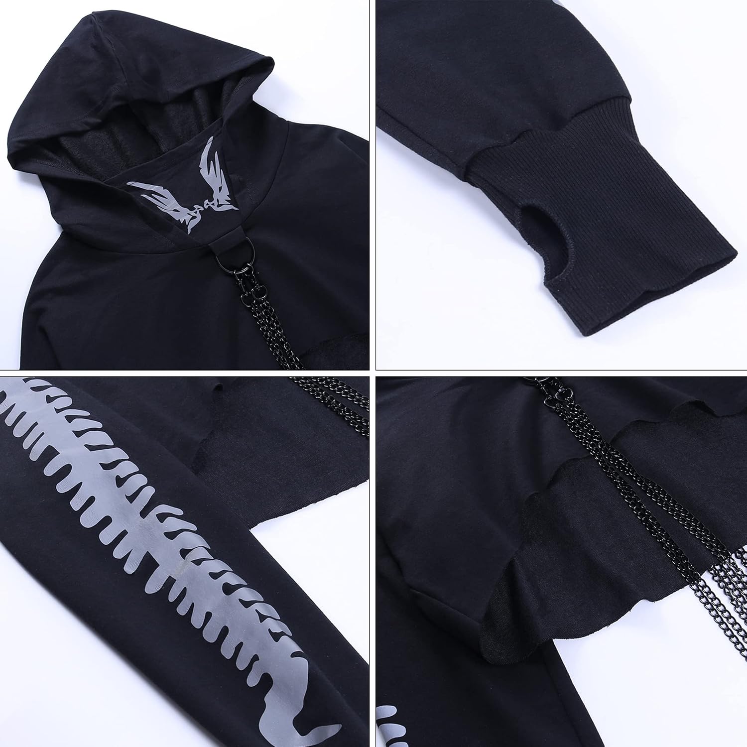 Maglietta a maniche lunghe con bretelle, da donna, stile gotico, punk, cool, con motivo drago, girocollo, nero, per autunno