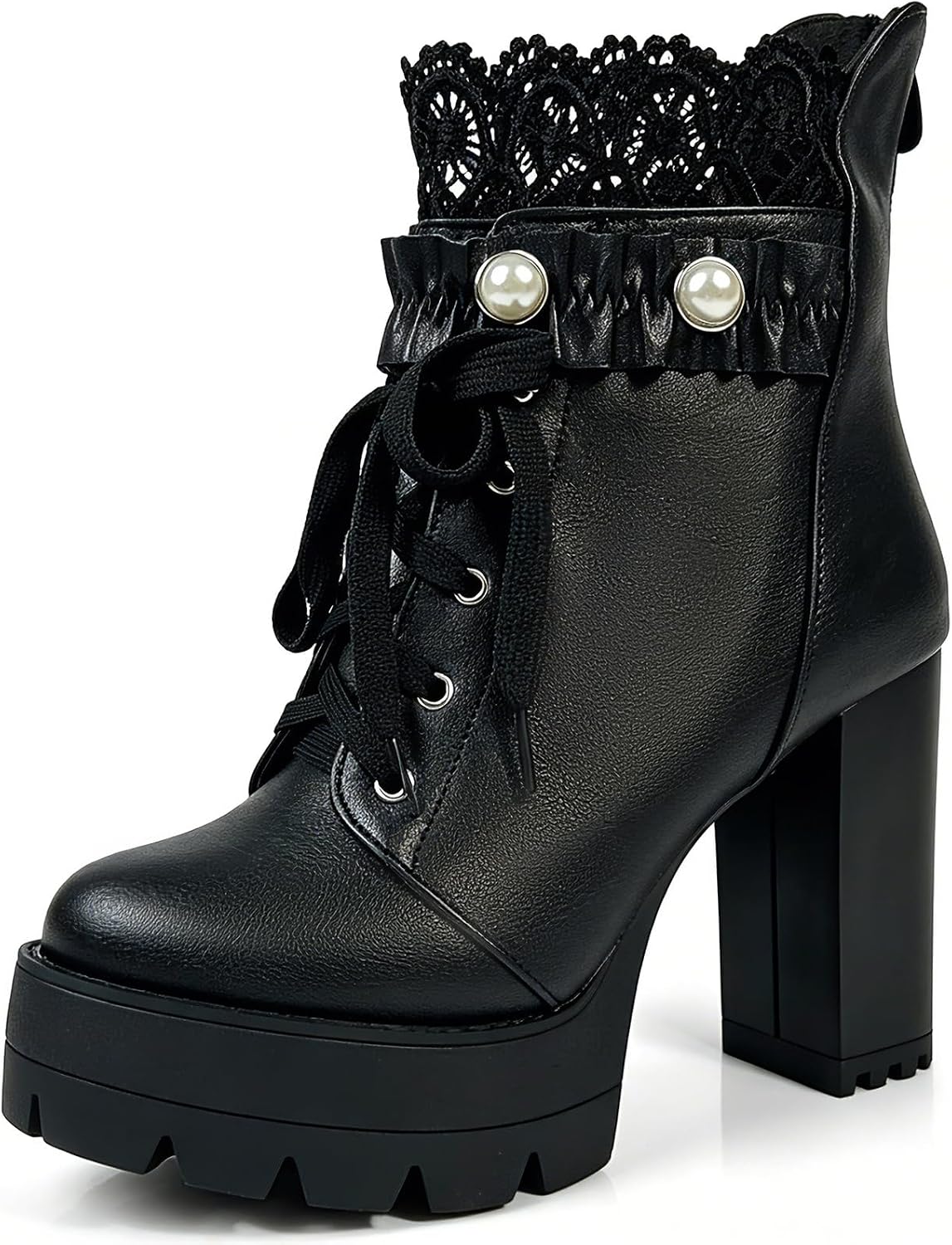 FOREADA Stivaletti neri con tacco alto da donna, con plateau, con lacci, stile gotico, con tacco grosso, con cerniera