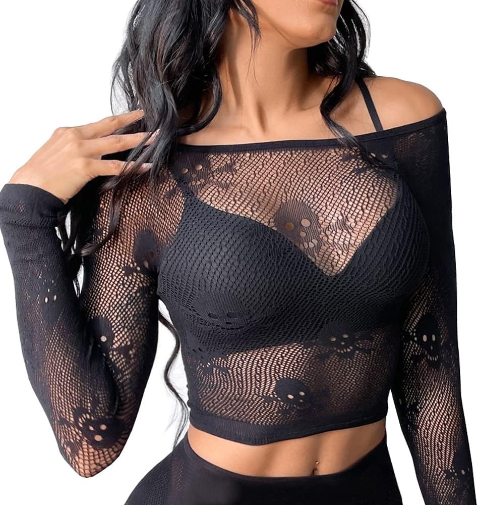 Buitifo Donne Sexy Crop Top Mesh Nightwear Skull Festival Costume Lingerie Camicie