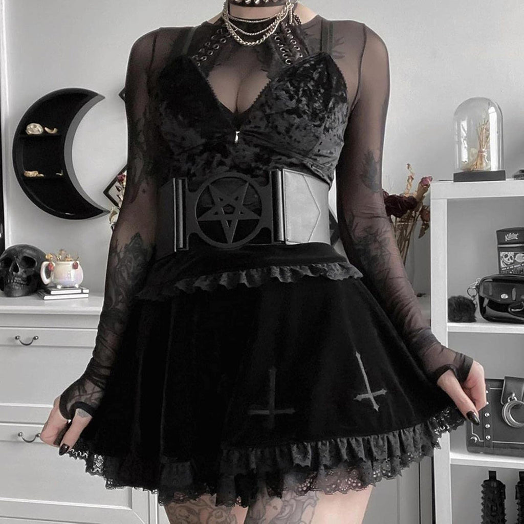 Gonna Goth Gonna Nera Gonna Vintage con Bordi in Pizzo Una Minigonna Gotica Grunge Y2K Gonna Estiva con Volant a Vita Alta Donna-3,M
