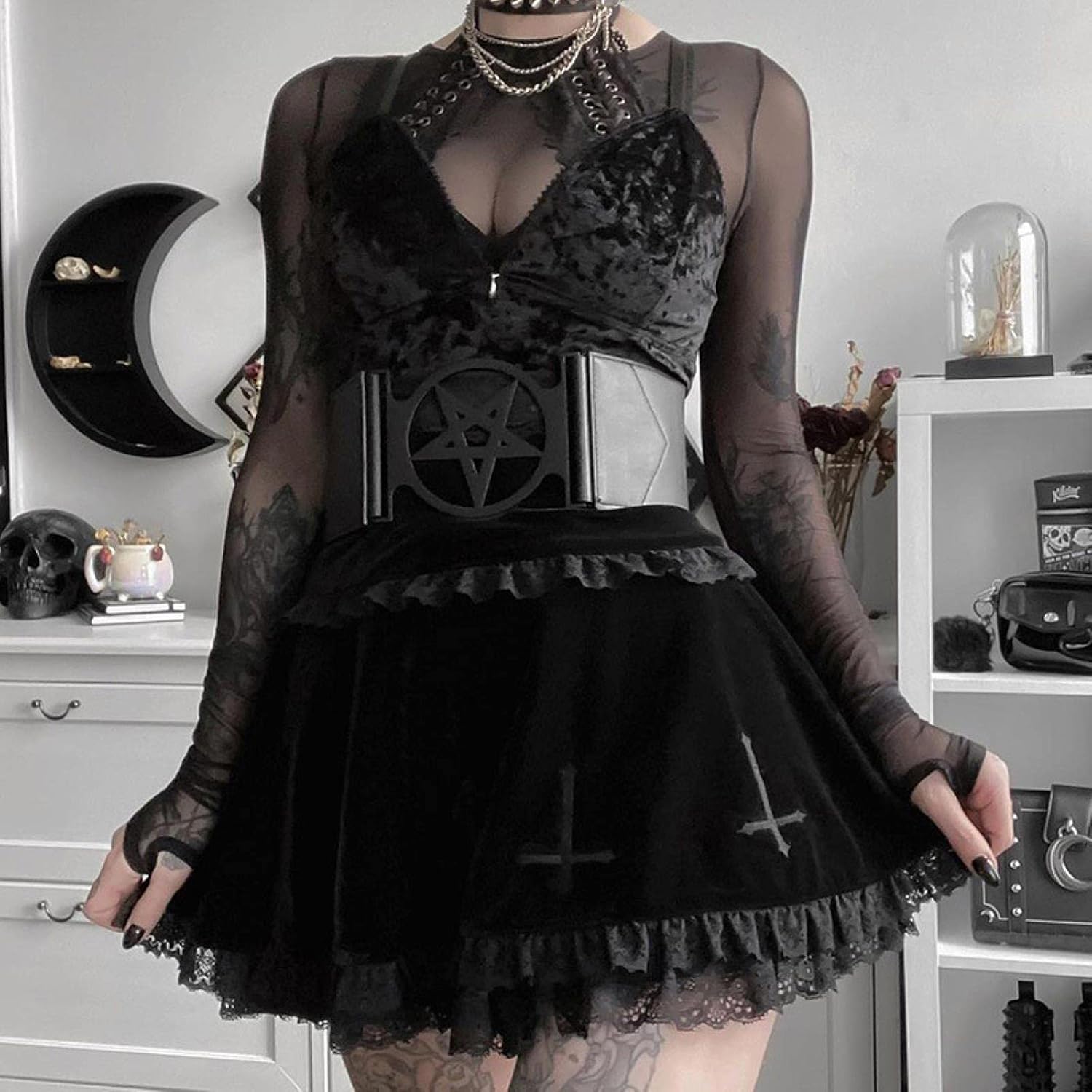 Gonna Goth Gonna Nera Gonna Vintage con Bordi in Pizzo Una Minigonna Gotica Grunge Y2K Gonna Estiva con Volant a Vita Alta Donna-3,M