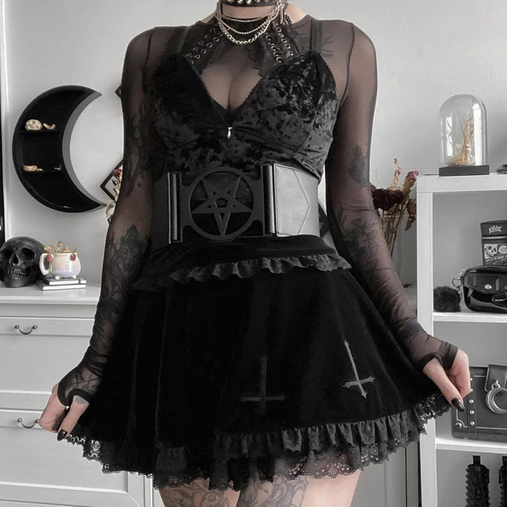 Gonna Goth Gonna Nera Gonna Vintage con Bordi in Pizzo Una Minigonna Gotica Grunge Y2K Gonna Estiva con Volant a Vita Alta Donna-3,M