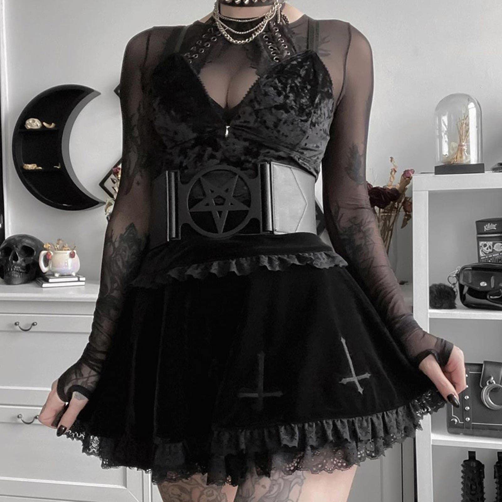 Gonna Goth Gonna Nera Gonna Vintage con Bordi in Pizzo Una Minigonna Gotica Grunge Y2K Gonna Estiva con Volant a Vita Alta Donna-3,M