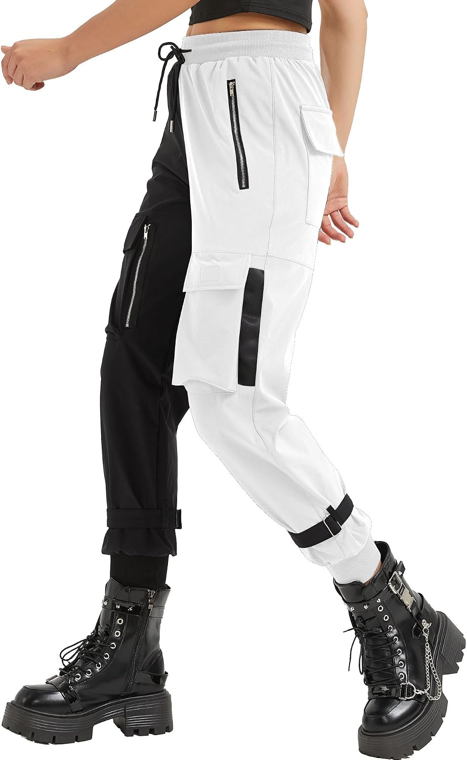 Pantaloni Cargo Neri da Donna Allentati Pantaloni incatenati Multi-Tasca Multi-Zip Punk Goth Pantaloni