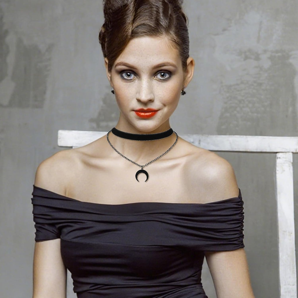 2 collane nere doppie a forma di luna per donna, collana goth, collana nera, collana boho, accessori Y2K, gioielli vintage, halloween grunge, design medievale, look Witchy