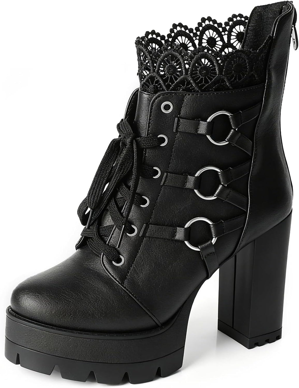 FOREADA Stivaletti neri con tacco alto da donna, con plateau, con lacci, stile gotico, con tacco grosso, con cerniera