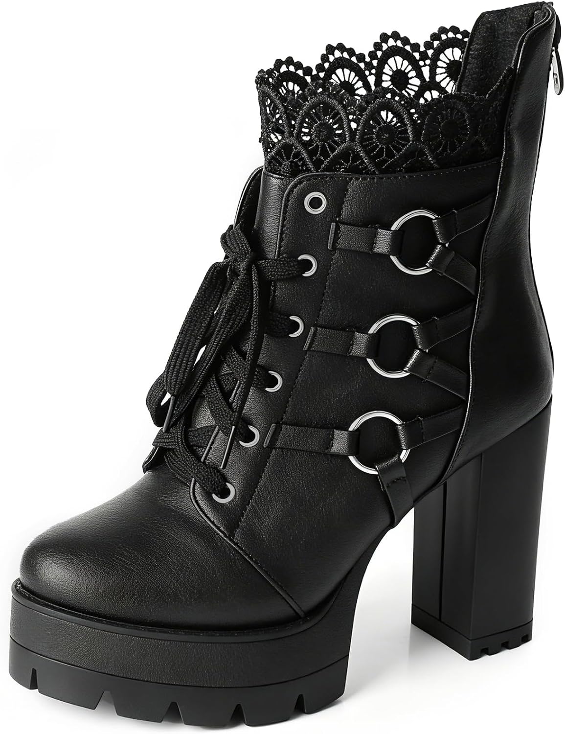 FOREADA Stivaletti neri con tacco alto da donna, con plateau, con lacci, stile gotico, con tacco grosso, con cerniera