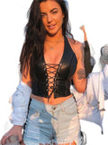 WEITING Sexy Punk Y2K Nero PU Crop Top in Pelle Canotta Senza Schienale da Donna 2023 Summer Vest Fashion Club Wear Canotte