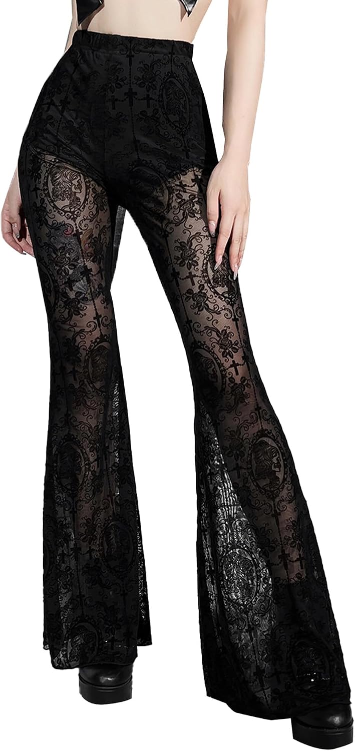 SEAUR Gothic Punk - Pantaloni da donna in pizzo floreale vintage, in velluto nero, Y2K, per il tempo libero, Grunge Party Club Wear