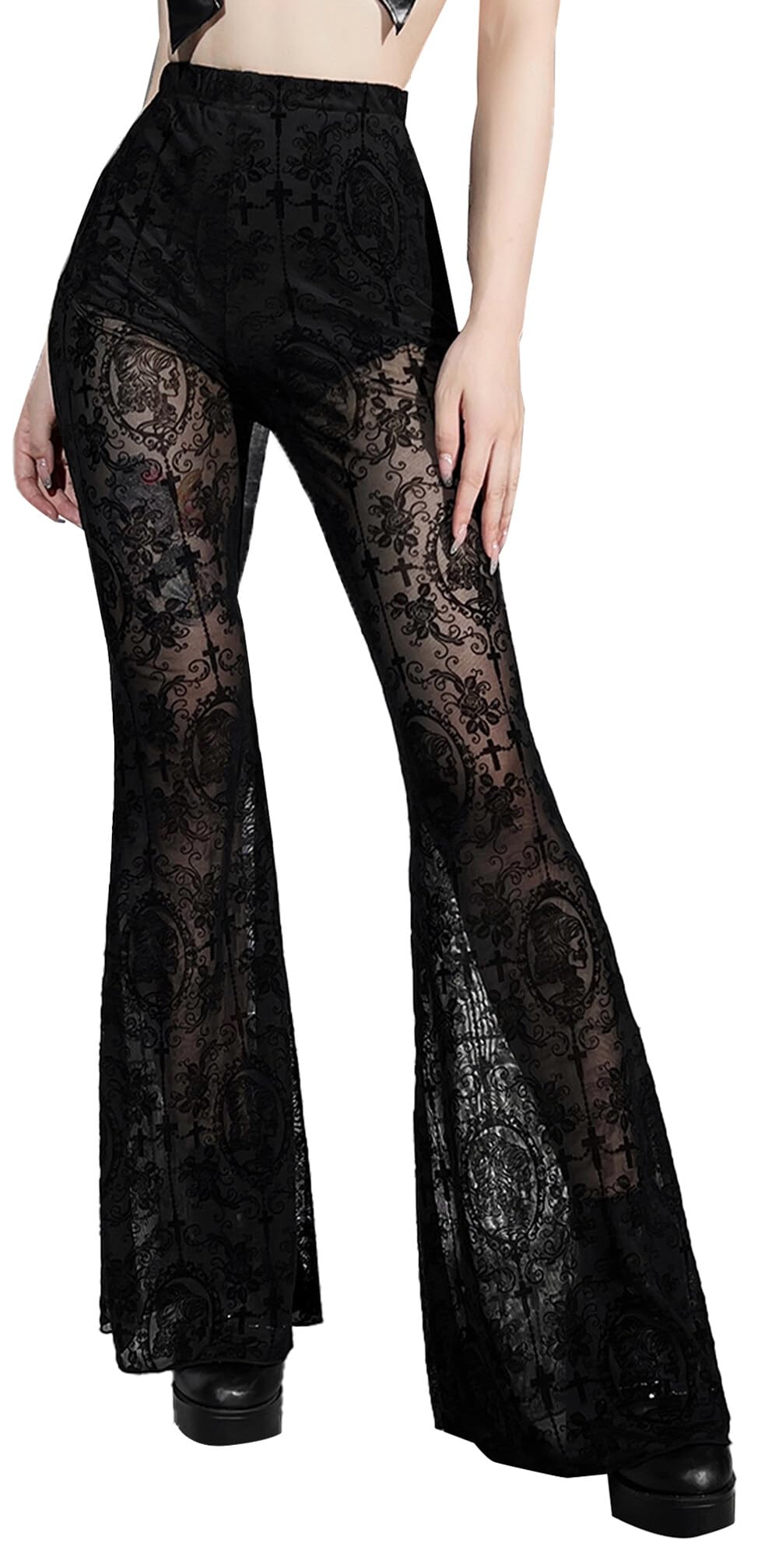 SEAUR Gothic Punk - Pantaloni da donna in pizzo floreale vintage, in velluto nero, Y2K, per il tempo libero, Grunge Party Club Wear