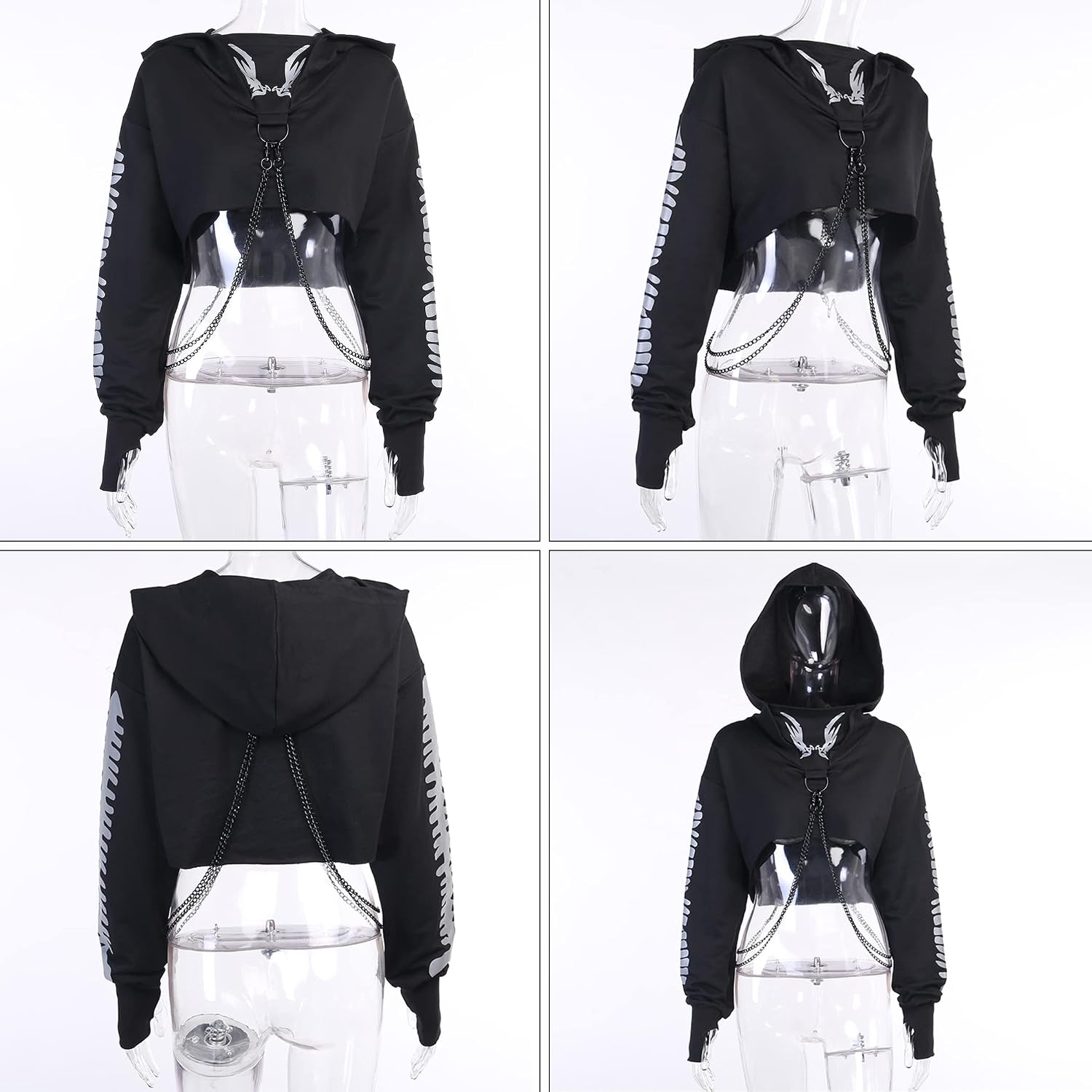 Maglietta a maniche lunghe con bretelle, da donna, stile gotico, punk, cool, con motivo drago, girocollo, nero, per autunno