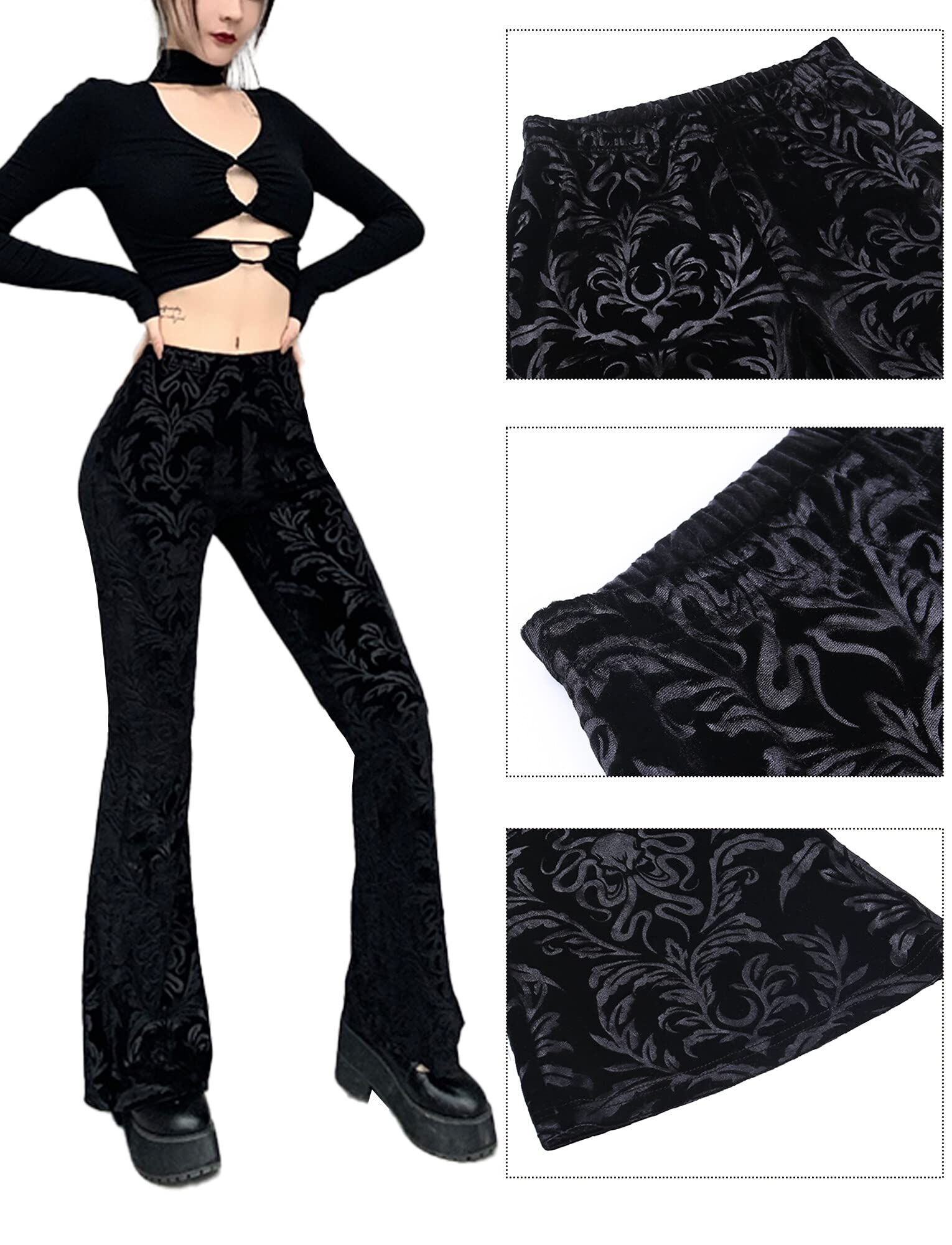 SEAUR Gothic Punk - Pantaloni da donna in pizzo floreale vintage, in velluto nero, Y2K, per il tempo libero, Grunge Party Club Wear