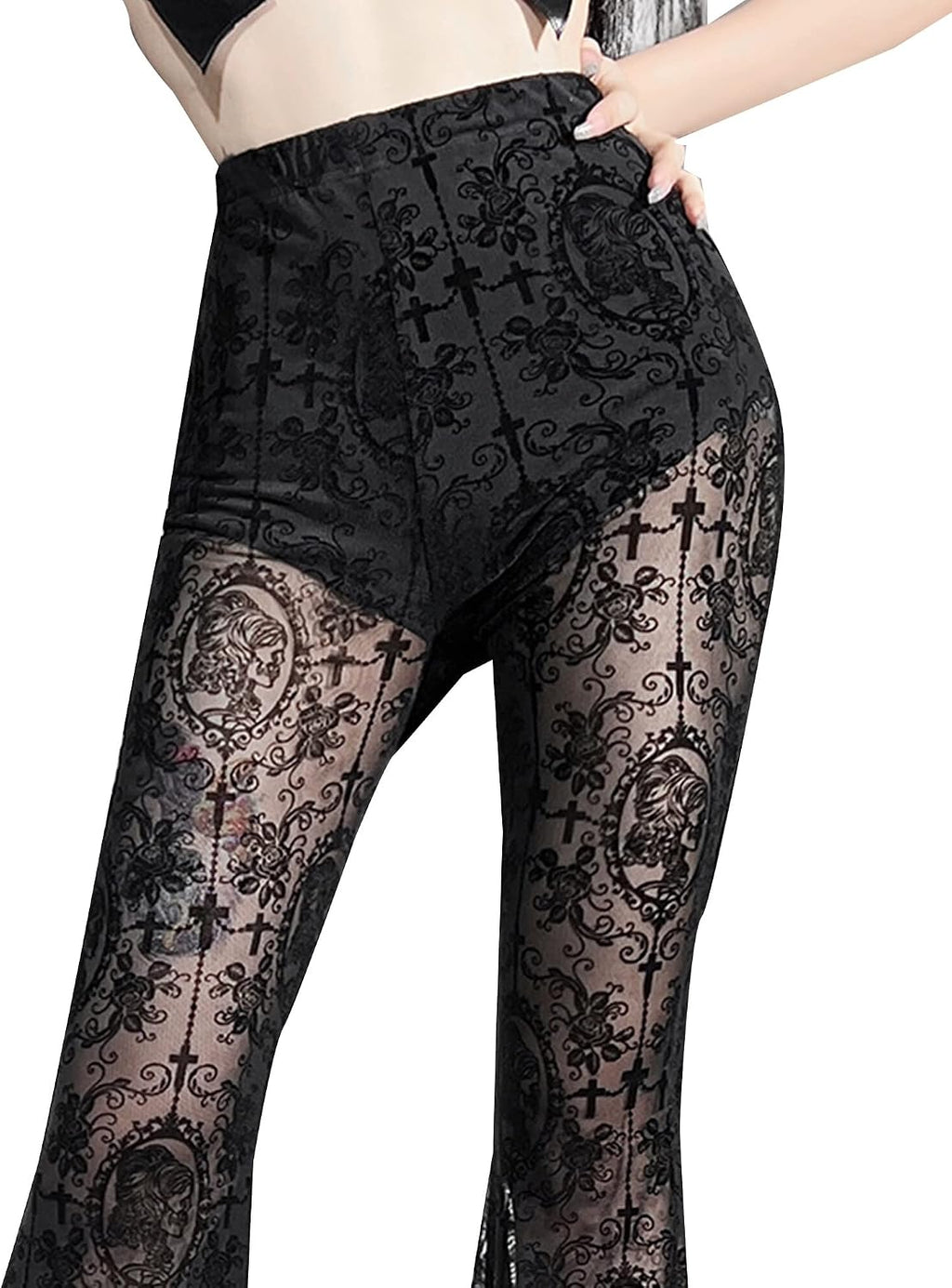 SEAUR Gothic Punk - Pantaloni da donna in pizzo floreale vintage, in velluto nero, Y2K, per il tempo libero, Grunge Party Club Wear