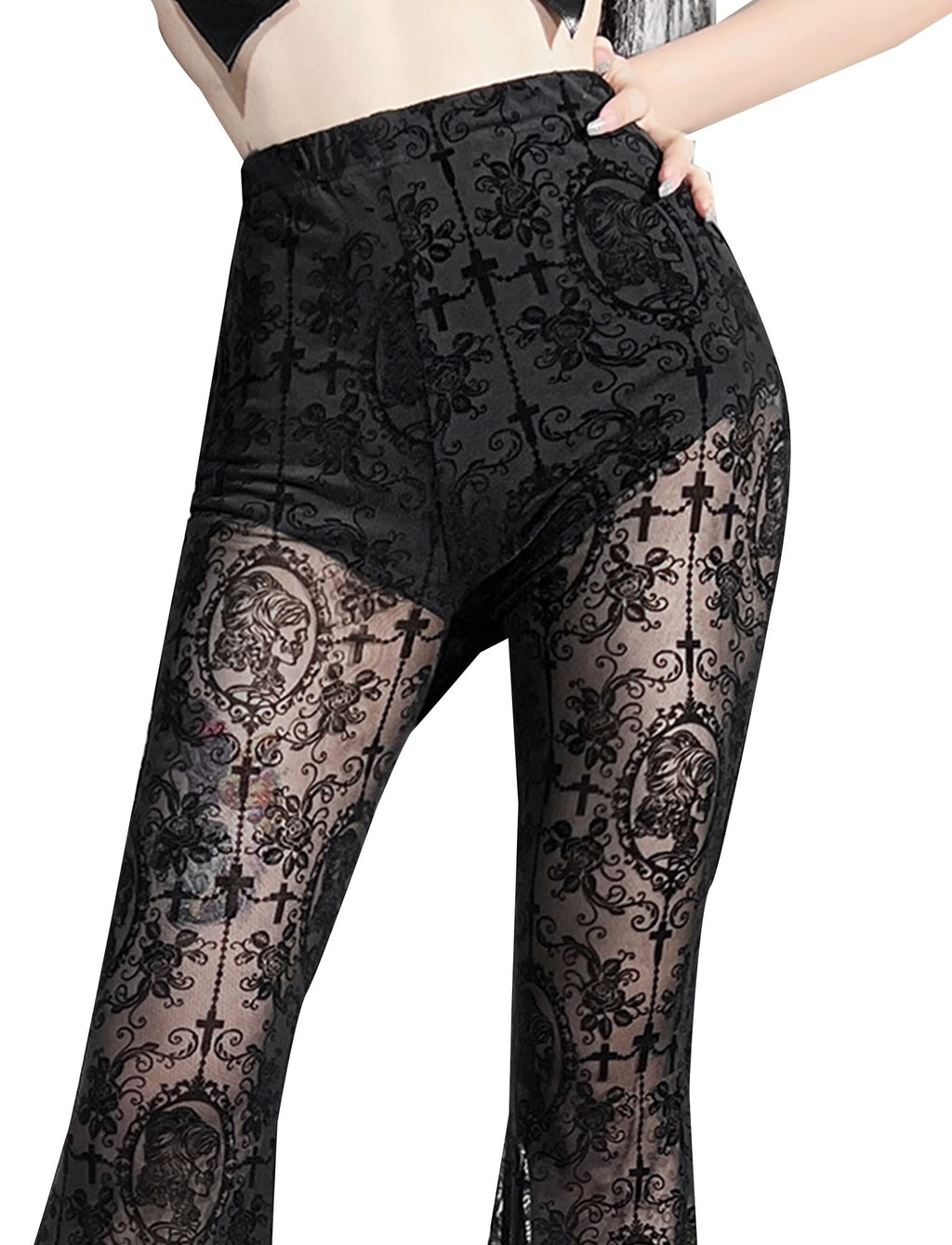 SEAUR Gothic Punk - Pantaloni da donna in pizzo floreale vintage, in velluto nero, Y2K, per il tempo libero, Grunge Party Club Wear