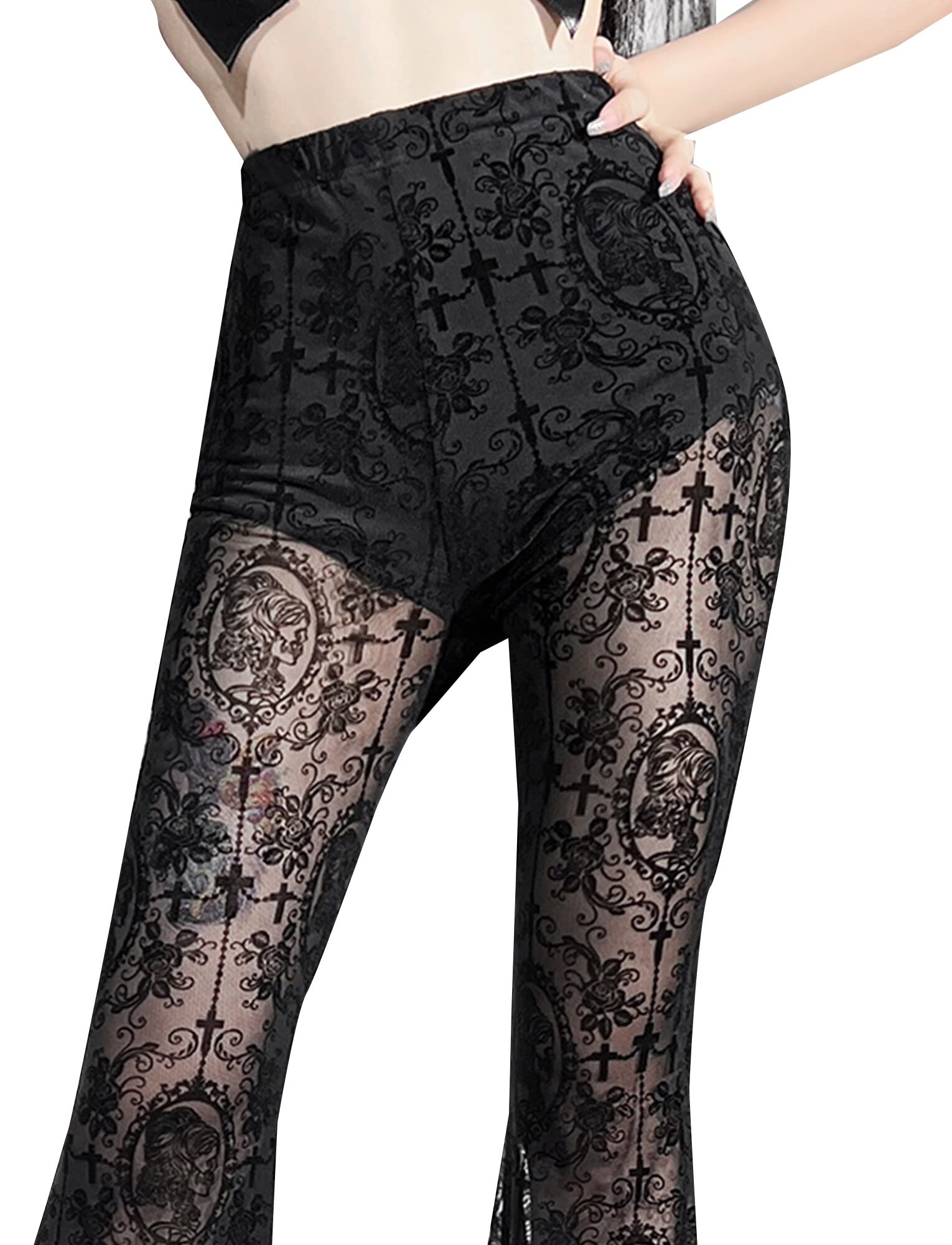 SEAUR Gothic Punk - Pantaloni da donna in pizzo floreale vintage, in velluto nero, Y2K, per il tempo libero, Grunge Party Club Wear