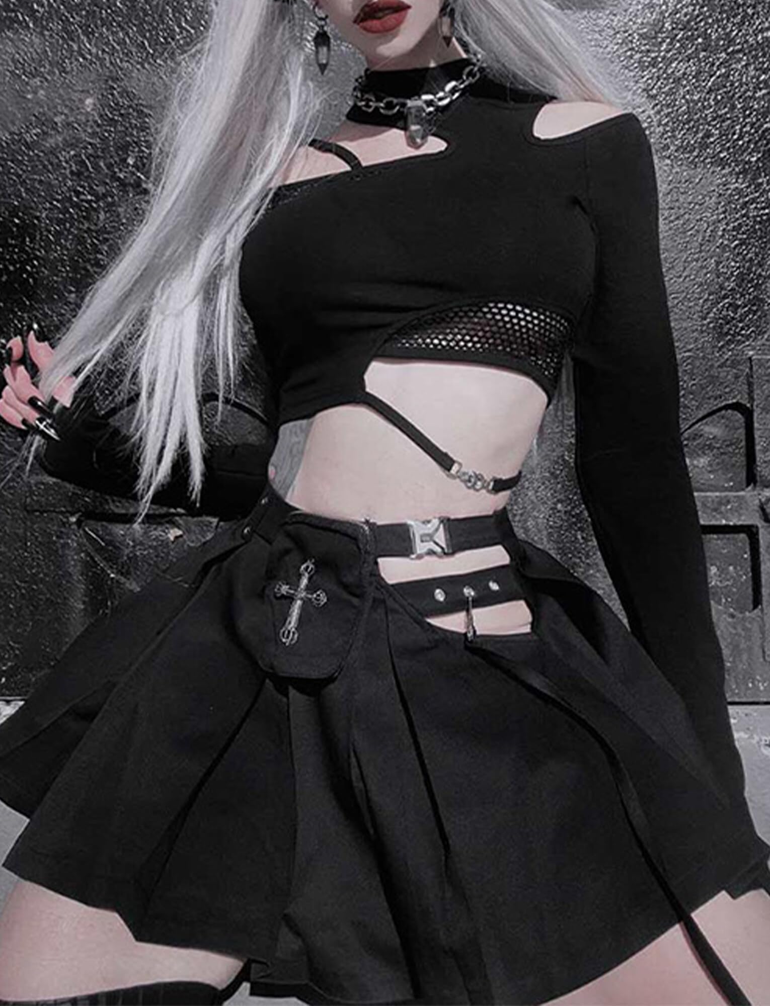 Maeau - Canotta da donna gotica punk nera crop top manica corta casual t-shirt estate canotta S M L per party club