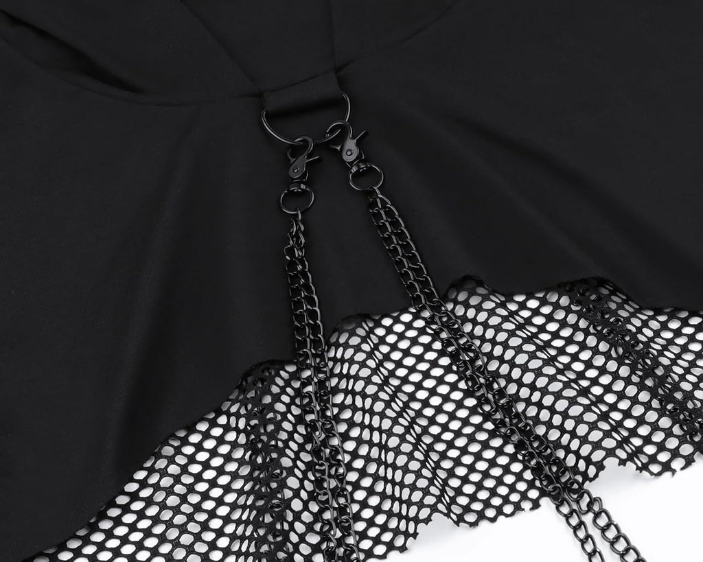 Maglietta a maniche lunghe con bretelle, da donna, stile gotico, punk, cool, con motivo drago, girocollo, nero, per autunno