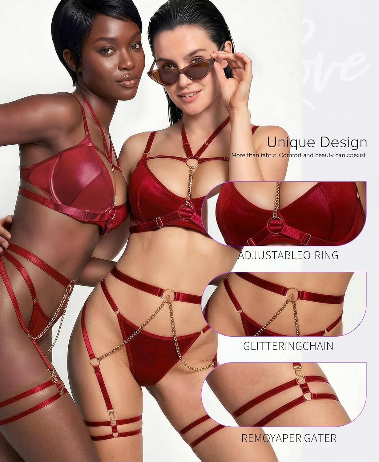 RSLOVE Completo Intimo Donna Sexy Set di Lingerie Reggiseno e Slip con Giarrettiera 6 Pezzi