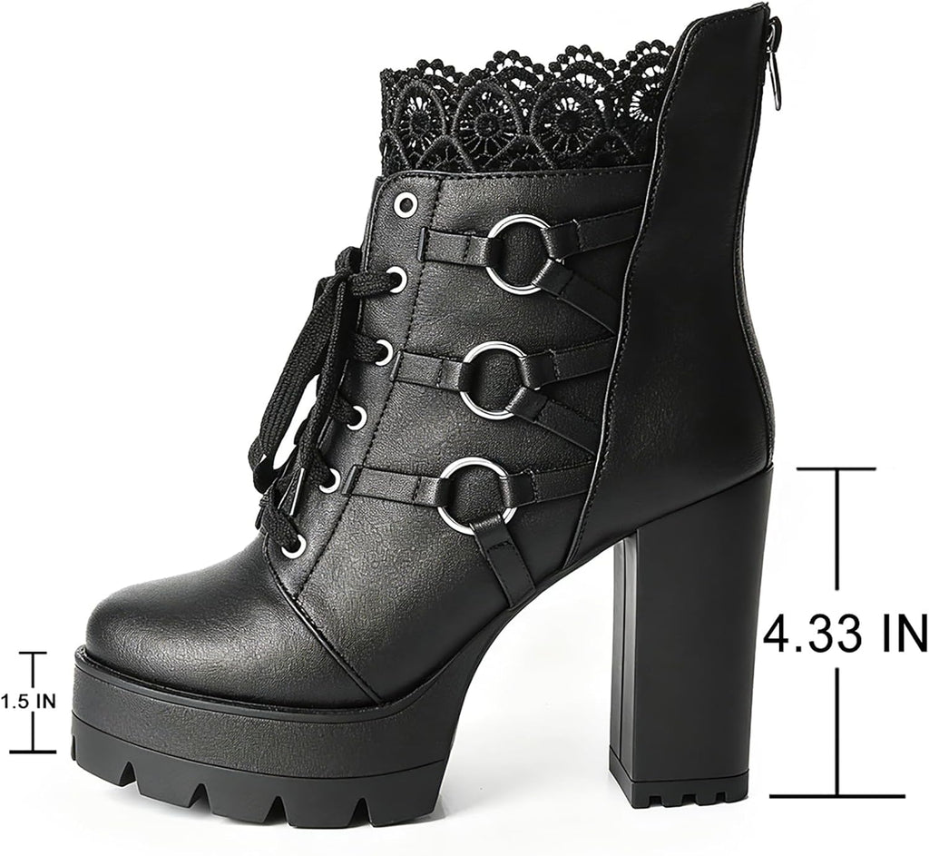 FOREADA Stivaletti neri con tacco alto da donna, con plateau, con lacci, stile gotico, con tacco grosso, con cerniera