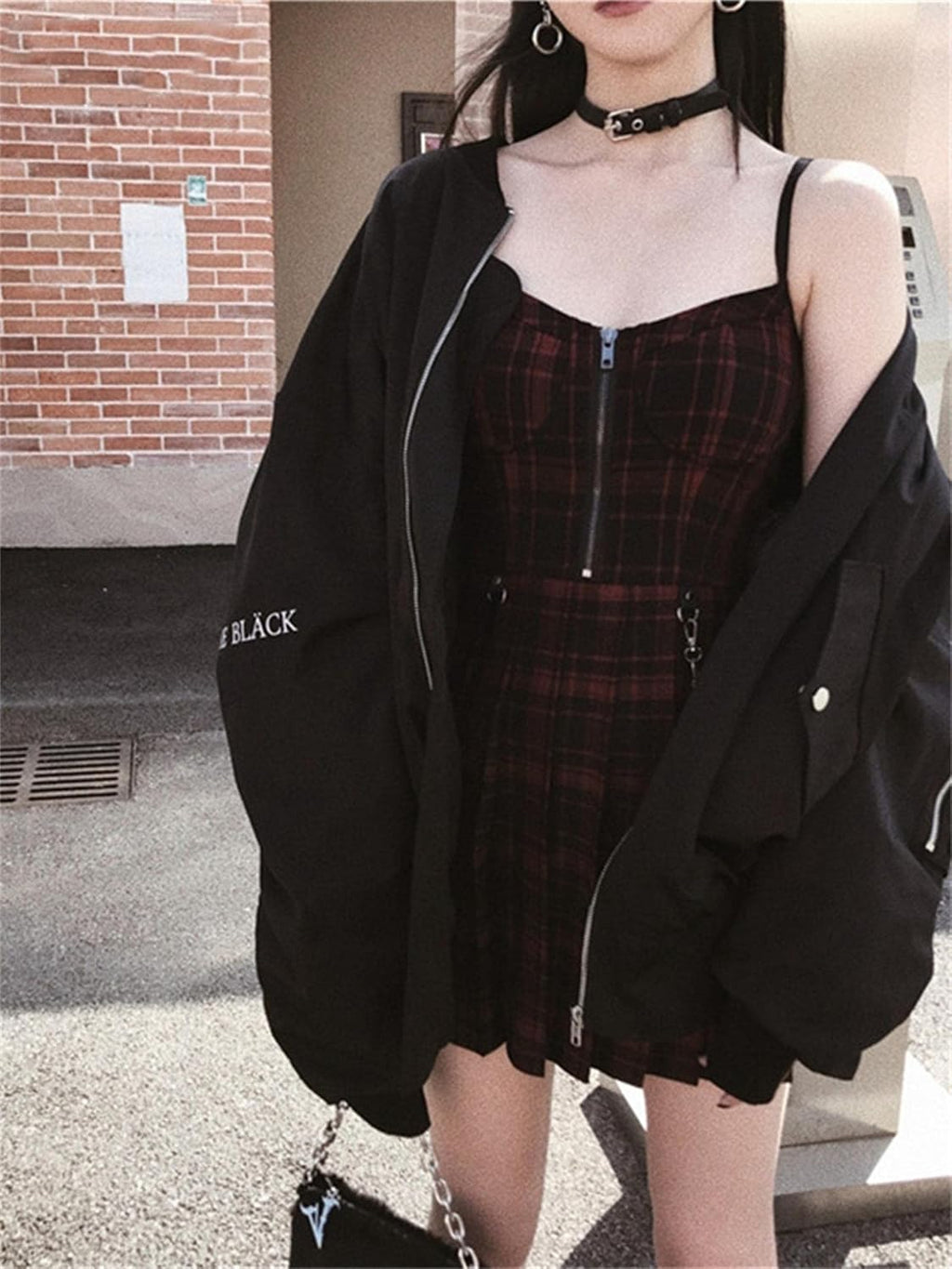 Mini Abito Y2K Goth Plaid – Streetwear Dark Aderente