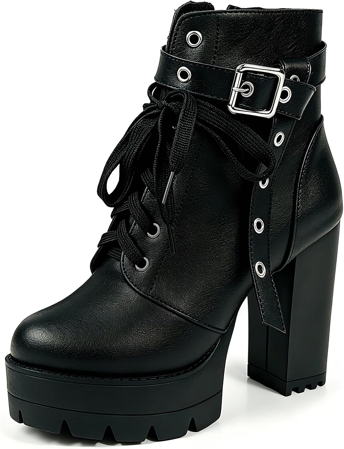 FOREADA Stivaletti neri con tacco alto da donna, con plateau, con lacci, stile gotico, con tacco grosso, con cerniera