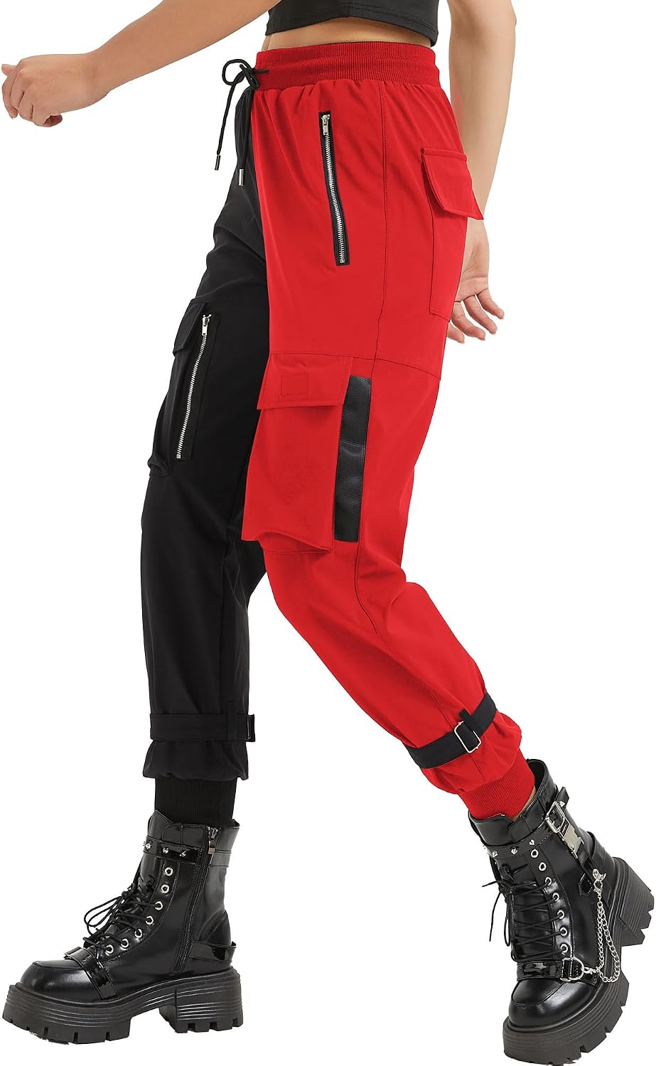 Pantaloni Cargo Neri da Donna Allentati Pantaloni incatenati Multi-Tasca Multi-Zip Punk Goth Pantaloni