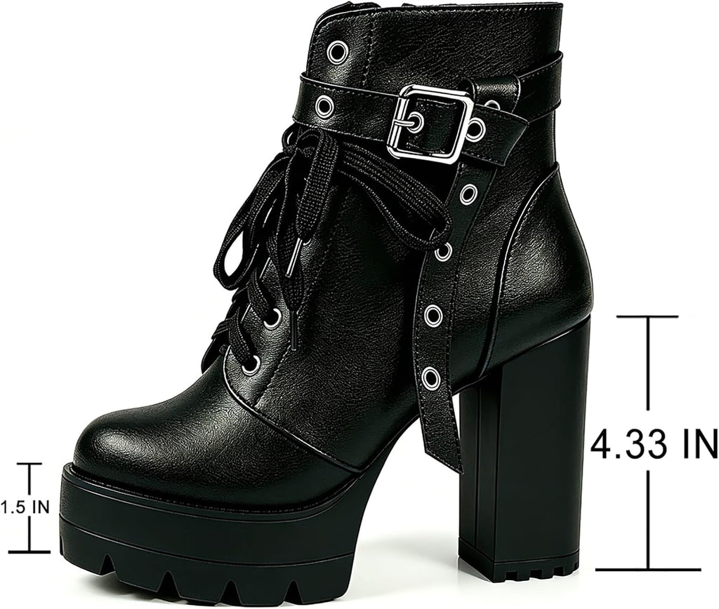 FOREADA Stivaletti neri con tacco alto da donna, con plateau, con lacci, stile gotico, con tacco grosso, con cerniera