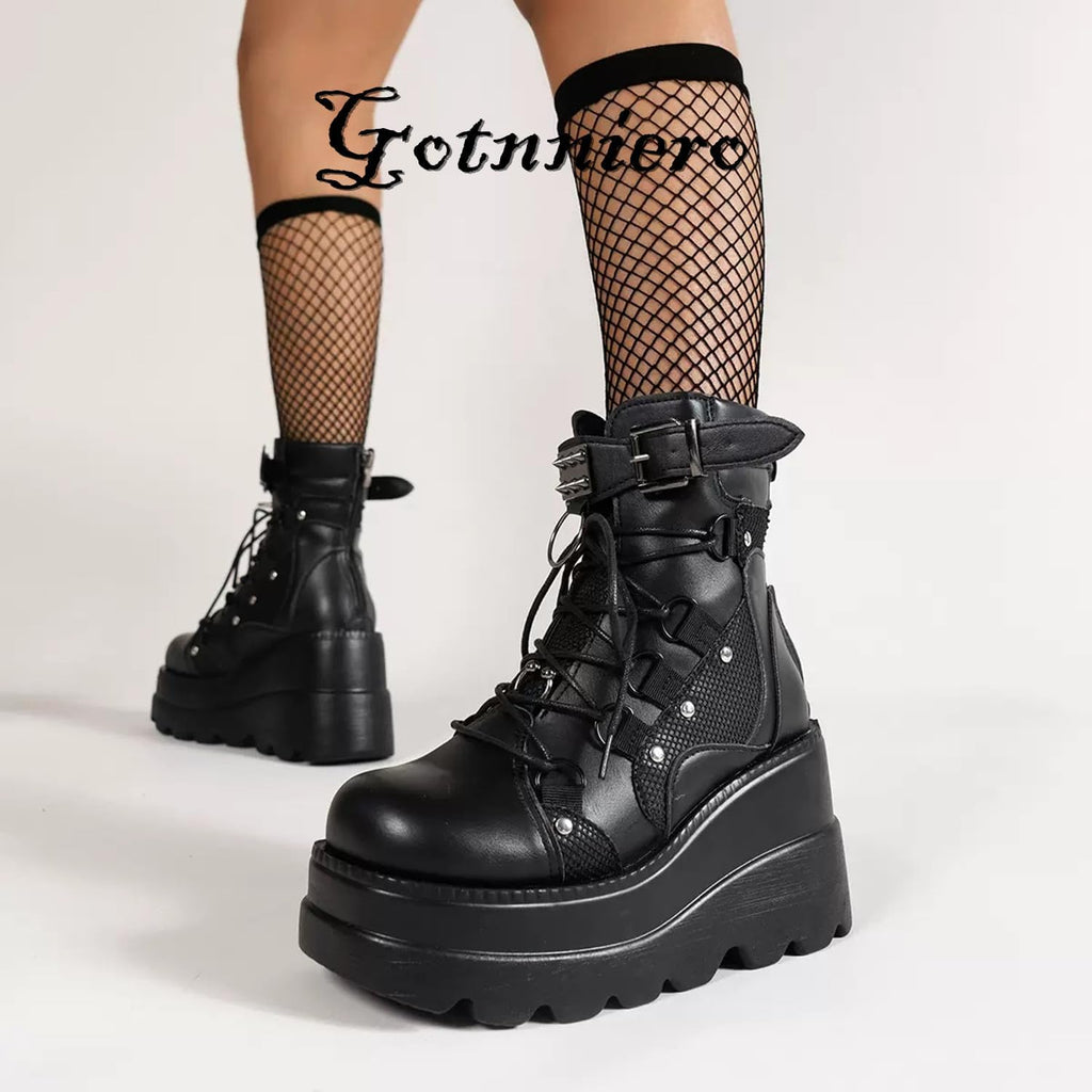 Gothniero Goth Platform Boots Black Gothic Chunky Heel Boots for Women Combat Ankle Wedge Booties with Side Zip Lace Up Size 3UK-8UK