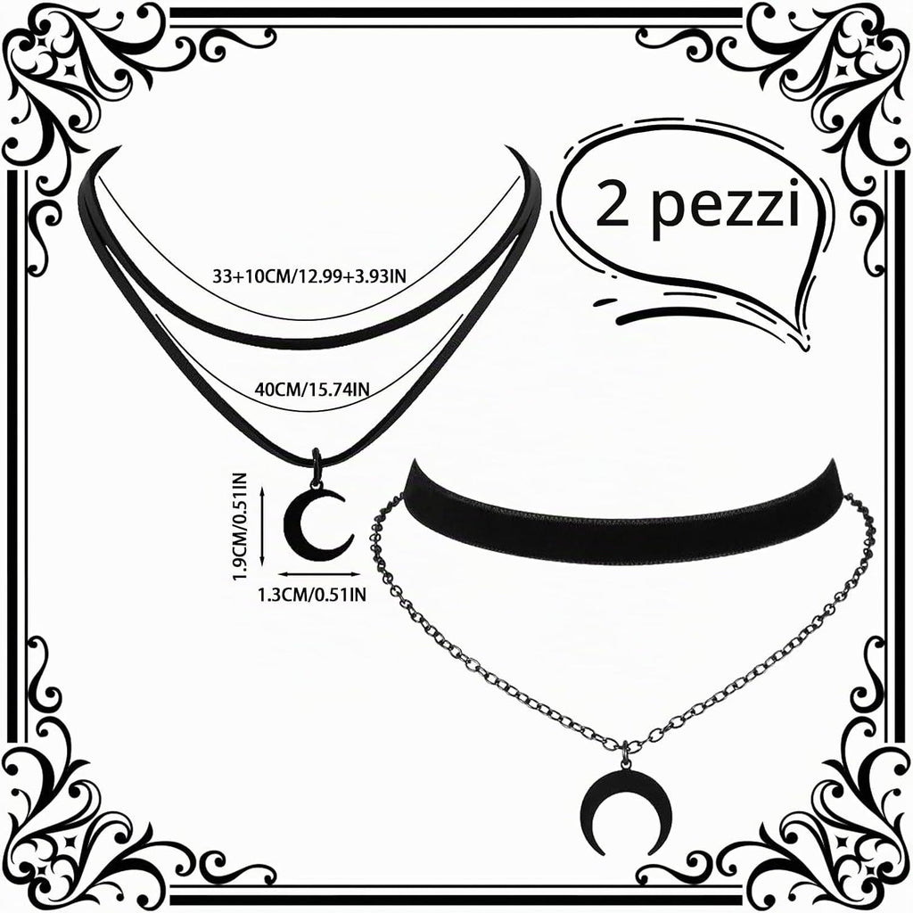 2 collane nere doppie a forma di luna per donna, collana goth, collana nera, collana boho, accessori Y2K, gioielli vintage, halloween grunge, design medievale, look Witchy