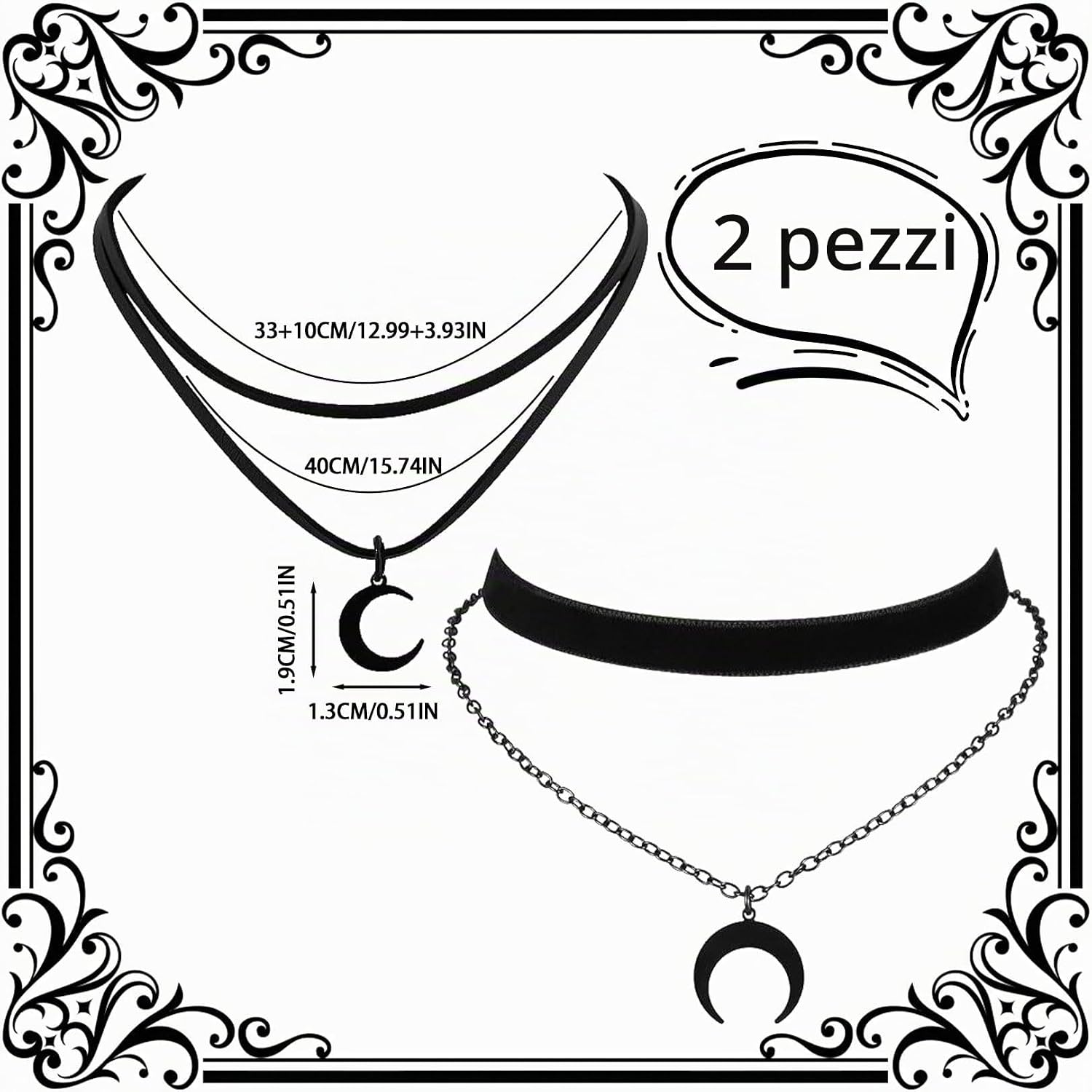 2 collane nere doppie a forma di luna per donna, collana goth, collana nera, collana boho, accessori Y2K, gioielli vintage, halloween grunge, design medievale, look Witchy