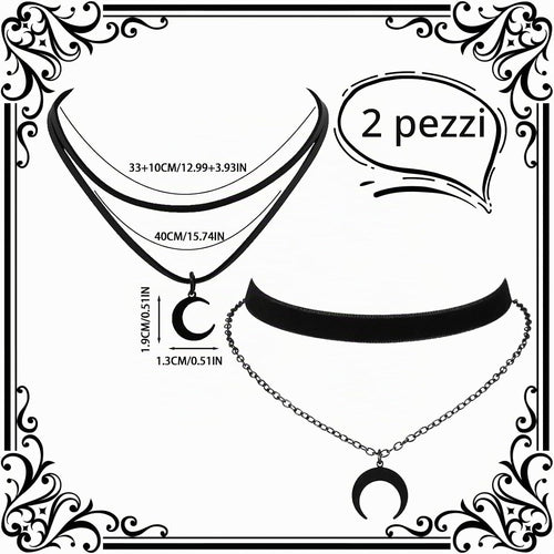 2 collane nere doppie a forma di luna per donna, collana goth, collana nera, collana boho, accessori Y2K, gioielli vintage, halloween grunge, design medievale, look Witchy