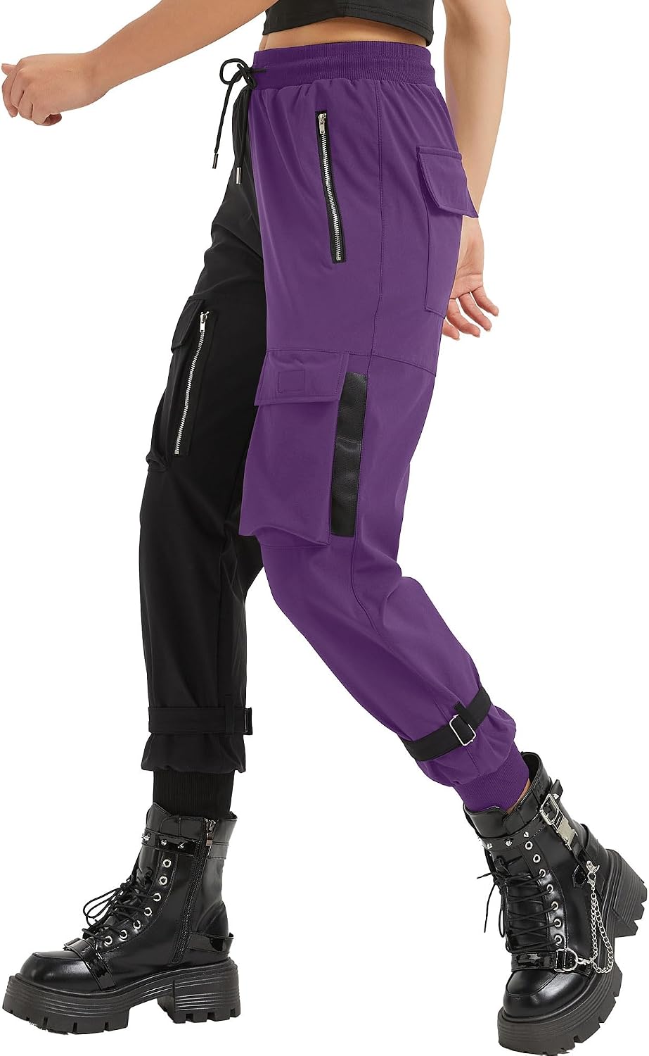 Pantaloni Cargo Neri da Donna Allentati Pantaloni incatenati Multi-Tasca Multi-Zip Punk Goth Pantaloni