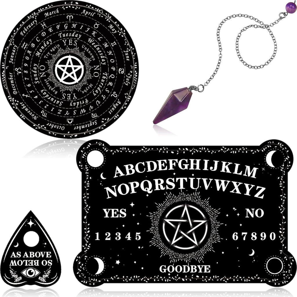 Threan Tavola divinatoria con pendolo con set di ametista, tavola parlante in legno con messaggio metafisico, collana con pendolo di cristallo con planchette per commerci Wiccan (motivo stella)