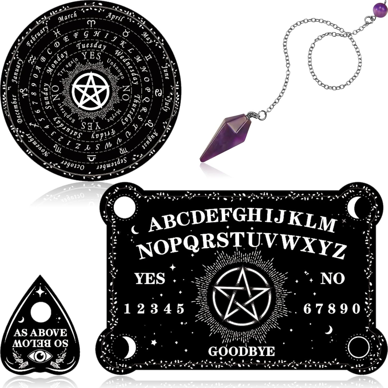 Threan Tavola divinatoria con pendolo con set di ametista, tavola parlante in legno con messaggio metafisico, collana con pendolo di cristallo con planchette per commerci Wiccan (motivo stella)