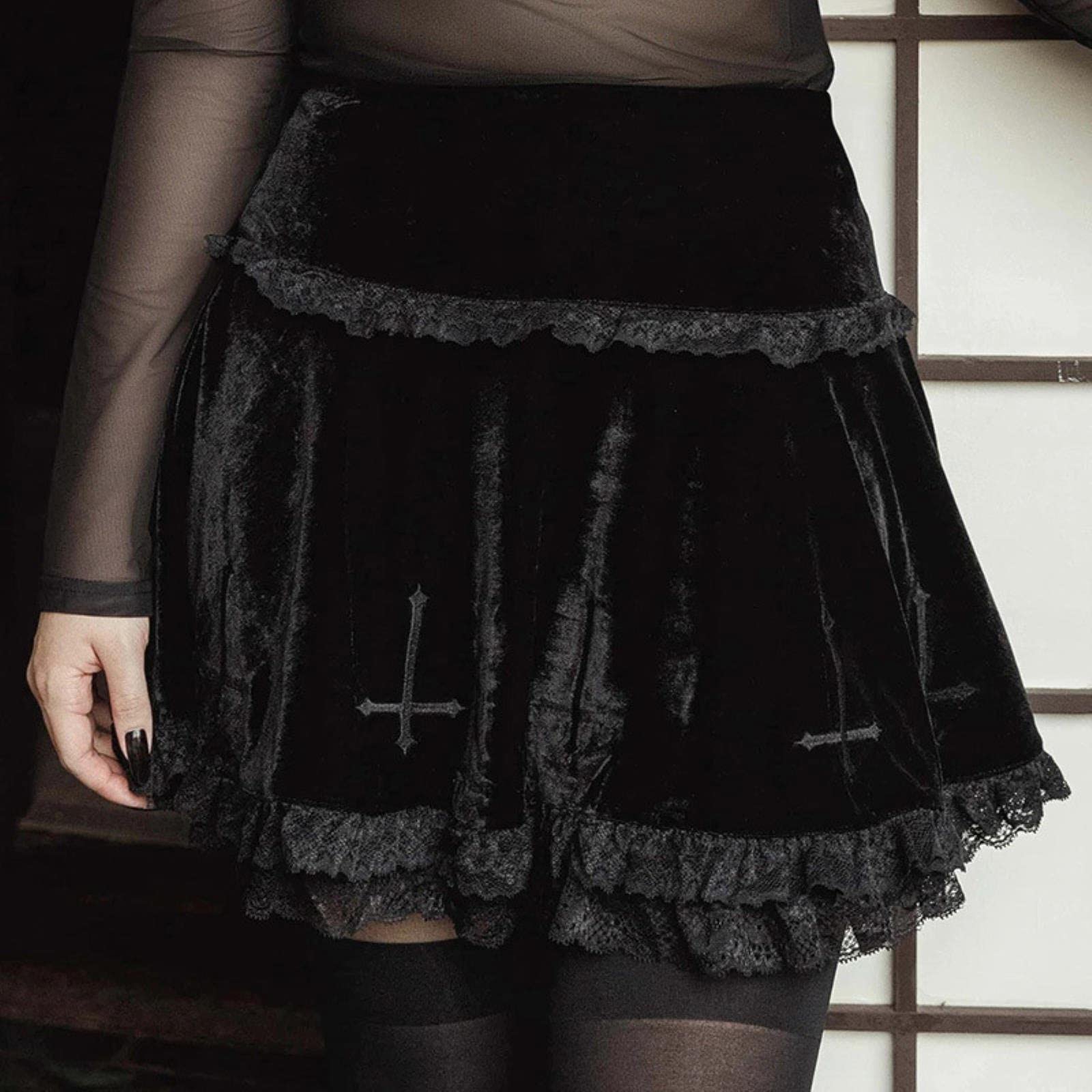 Gonna Goth Gonna Nera Gonna Vintage con Bordi in Pizzo Una Minigonna Gotica Grunge Y2K Gonna Estiva con Volant a Vita Alta Donna-3,M
