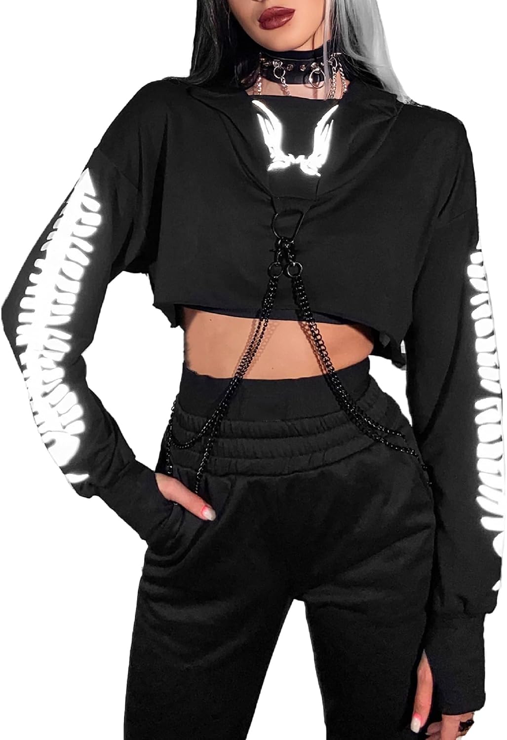 Maglietta a maniche lunghe con bretelle, da donna, stile gotico, punk, cool, con motivo drago, girocollo, nero, per autunno