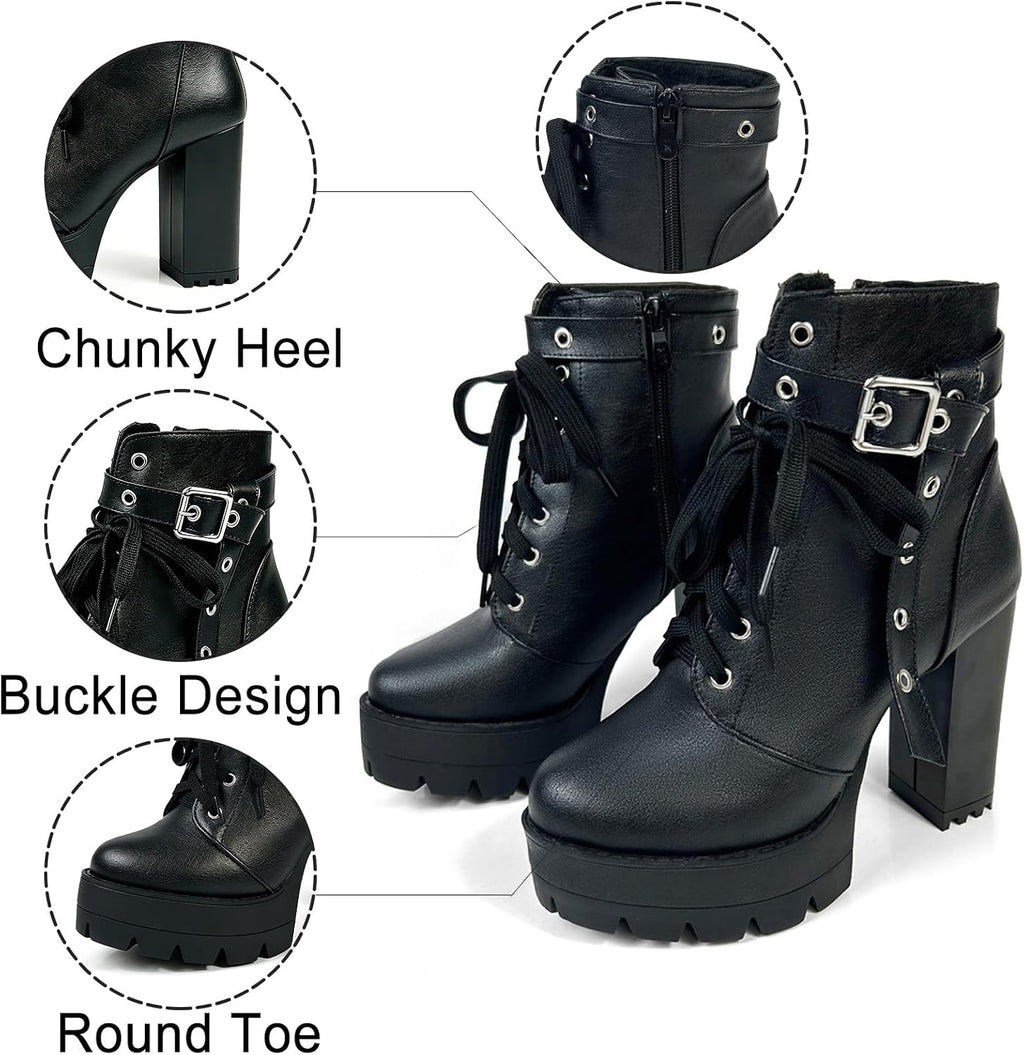 FOREADA Stivaletti neri con tacco alto da donna, con plateau, con lacci, stile gotico, con tacco grosso, con cerniera