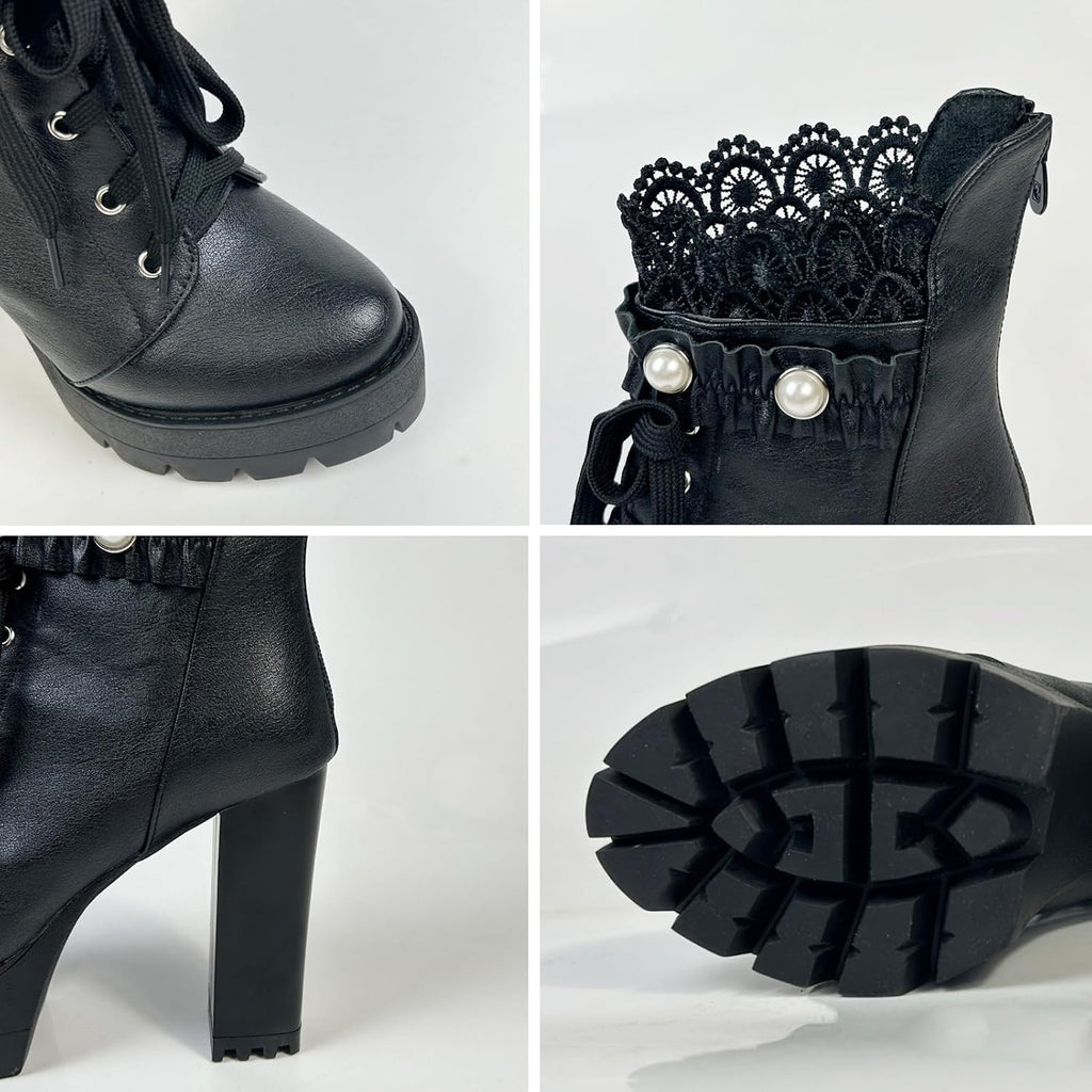 FOREADA Stivaletti neri con tacco alto da donna, con plateau, con lacci, stile gotico, con tacco grosso, con cerniera