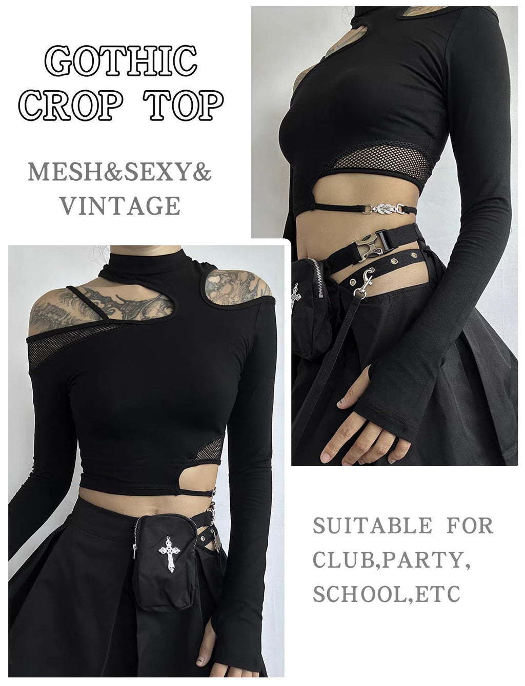 Maeau - Canotta da donna gotica punk nera crop top manica corta casual t-shirt estate canotta S M L per party club