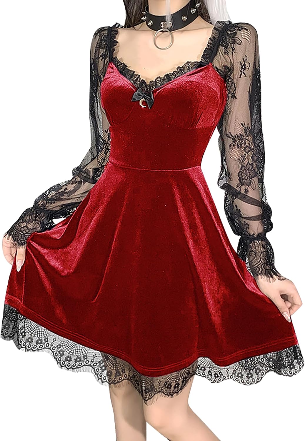TSMNZMU Lolita - Abito da Donna in Velluto Gotico Senza Maniche, in Pizzo Harajuku