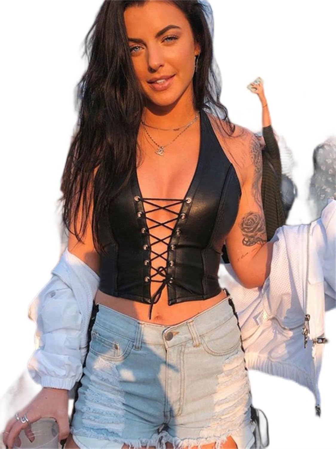 WEITING Sexy Punk Y2K Nero PU Crop Top in Pelle Canotta Senza Schienale da Donna 2023 Summer Vest Fashion Club Wear Canotte