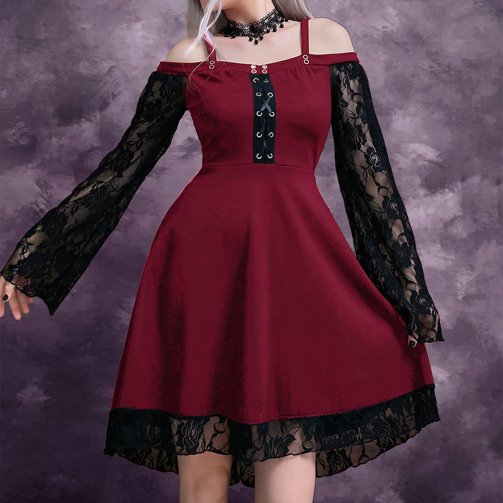 KHIRVWL Abito da Donna a Maniche Lunghe in Pizzo Gotico Sexy Abito in Chiffon a Maniche Lunghe Abito Medievale a Maniche Lunghe con Spalline Gotiche Abito Stile Punk Cocktail Party
