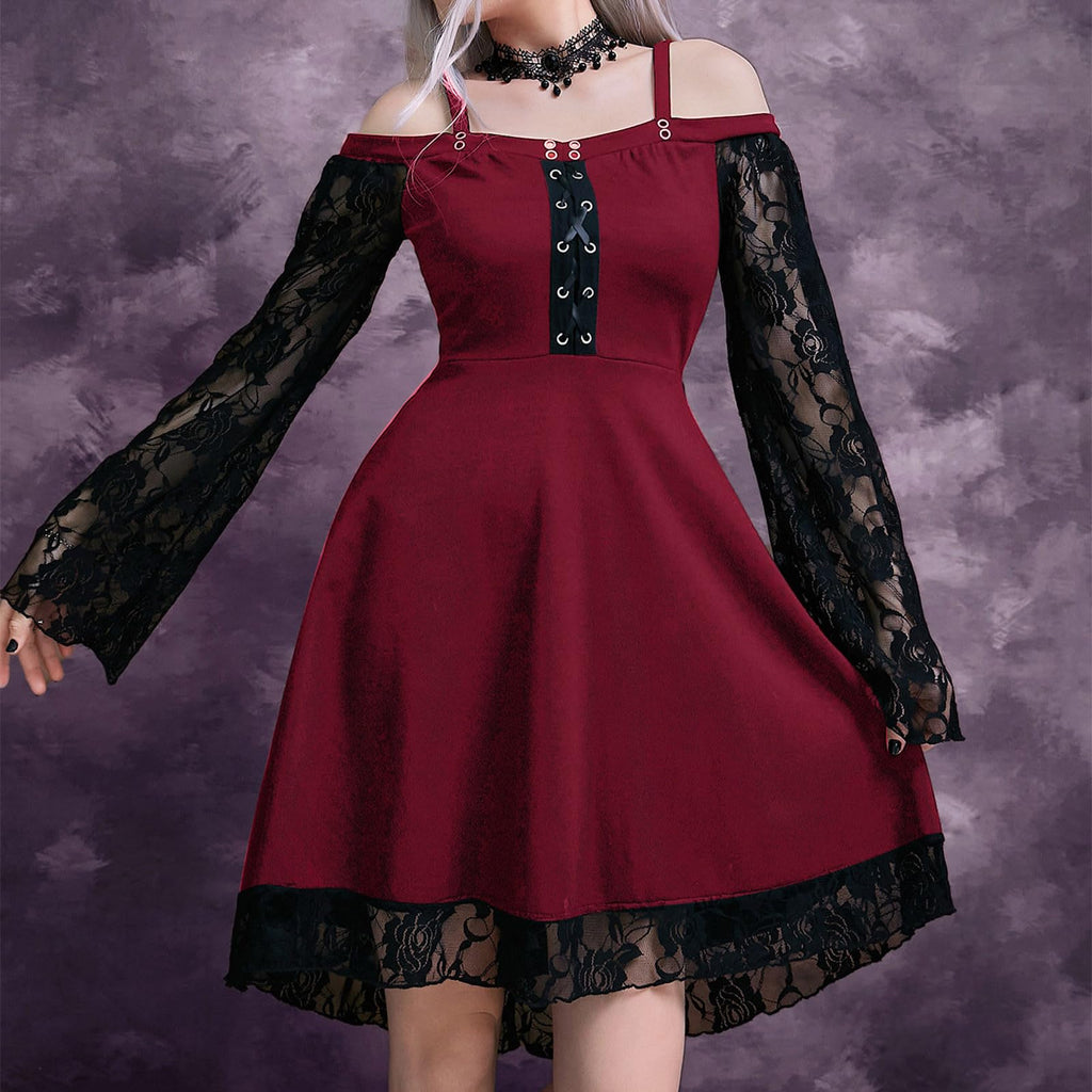 KHIRVWL Abito da Donna a Maniche Lunghe in Pizzo Gotico Sexy Abito in Chiffon a Maniche Lunghe Abito Medievale a Maniche Lunghe con Spalline Gotiche Abito Stile Punk Cocktail Party