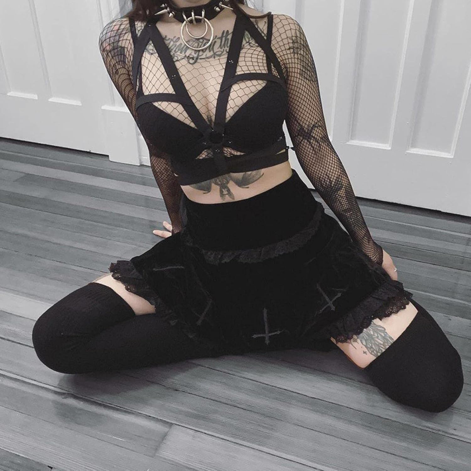Gonna Goth Gonna Nera Gonna Vintage con Bordi in Pizzo Una Minigonna Gotica Grunge Y2K Gonna Estiva con Volant a Vita Alta Donna-3,M