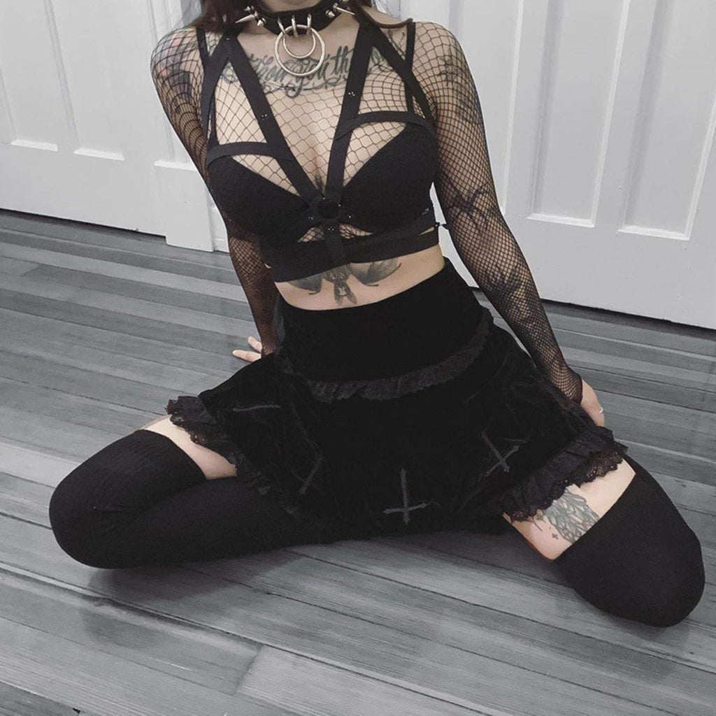 Gonna Goth Gonna Nera Gonna Vintage con Bordi in Pizzo Una Minigonna Gotica Grunge Y2K Gonna Estiva con Volant a Vita Alta Donna-3,M