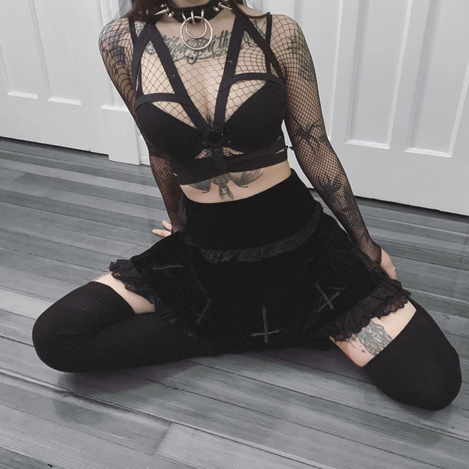 Gonna Goth Gonna Nera Gonna Vintage con Bordi in Pizzo Una Minigonna Gotica Grunge Y2K Gonna Estiva con Volant a Vita Alta Donna-3,M