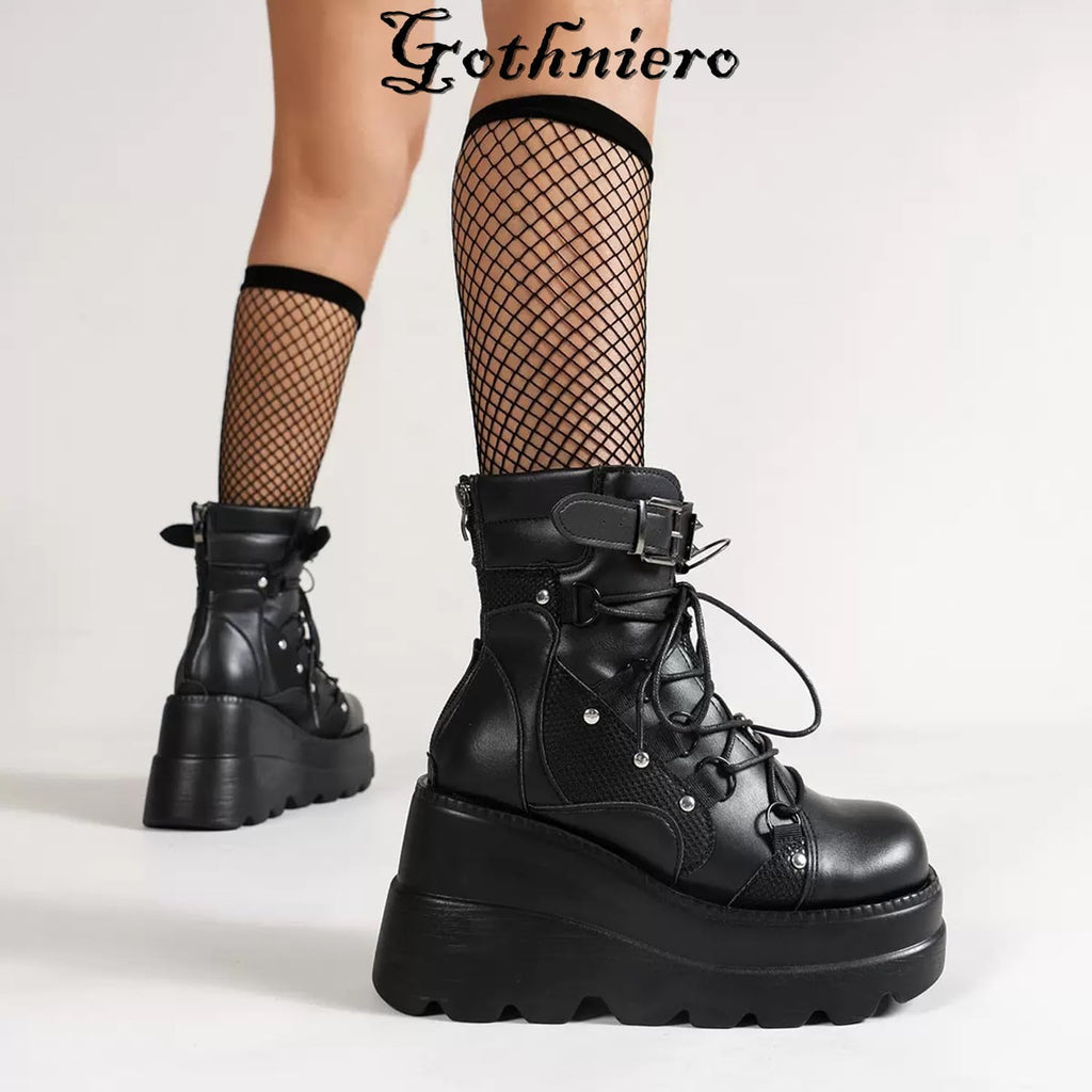 Gothniero Goth Platform Boots Black Gothic Chunky Heel Boots for Women Combat Ankle Wedge Booties with Side Zip Lace Up Size 3UK-8UK