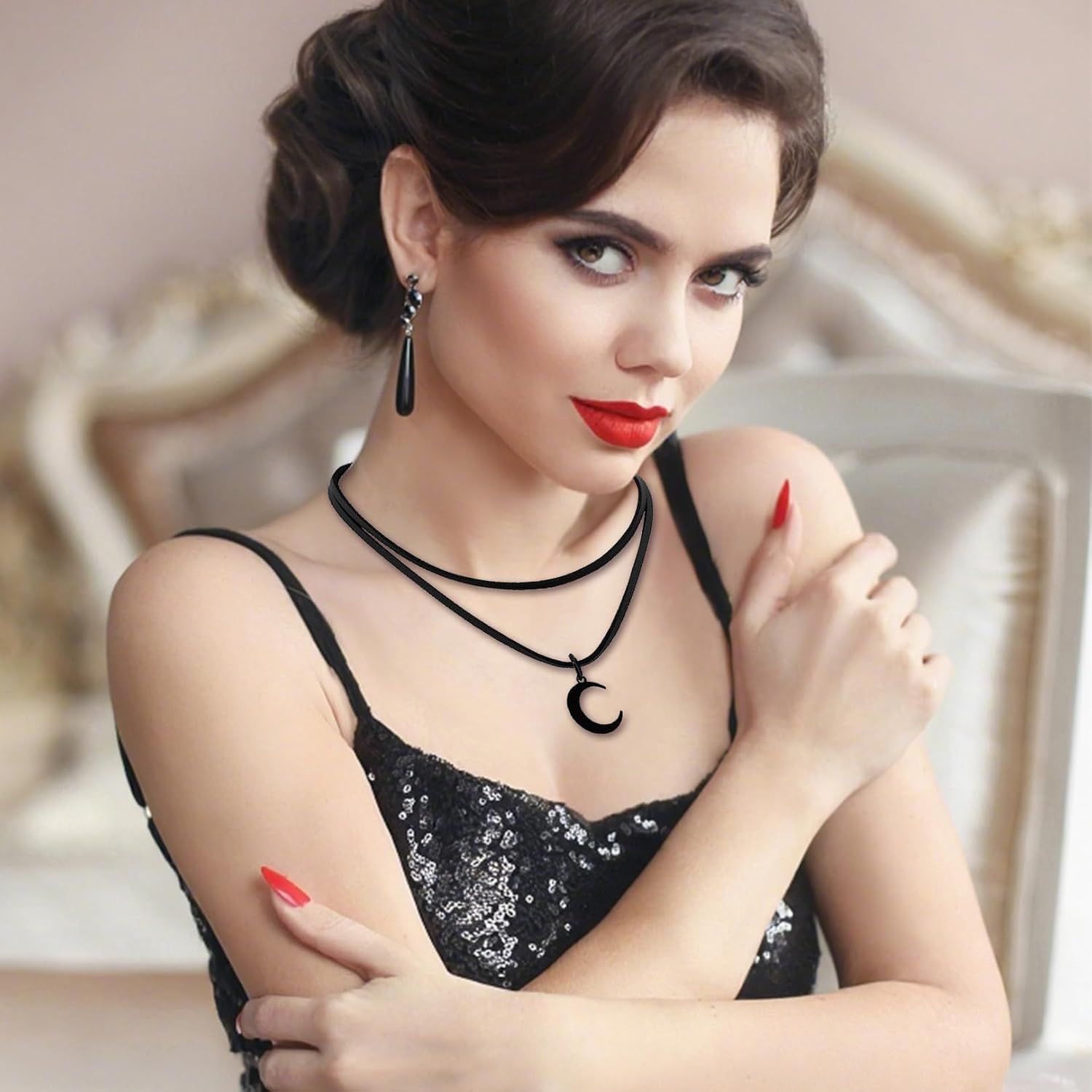 2 collane nere doppie a forma di luna per donna, collana goth, collana nera, collana boho, accessori Y2K, gioielli vintage, halloween grunge, design medievale, look Witchy