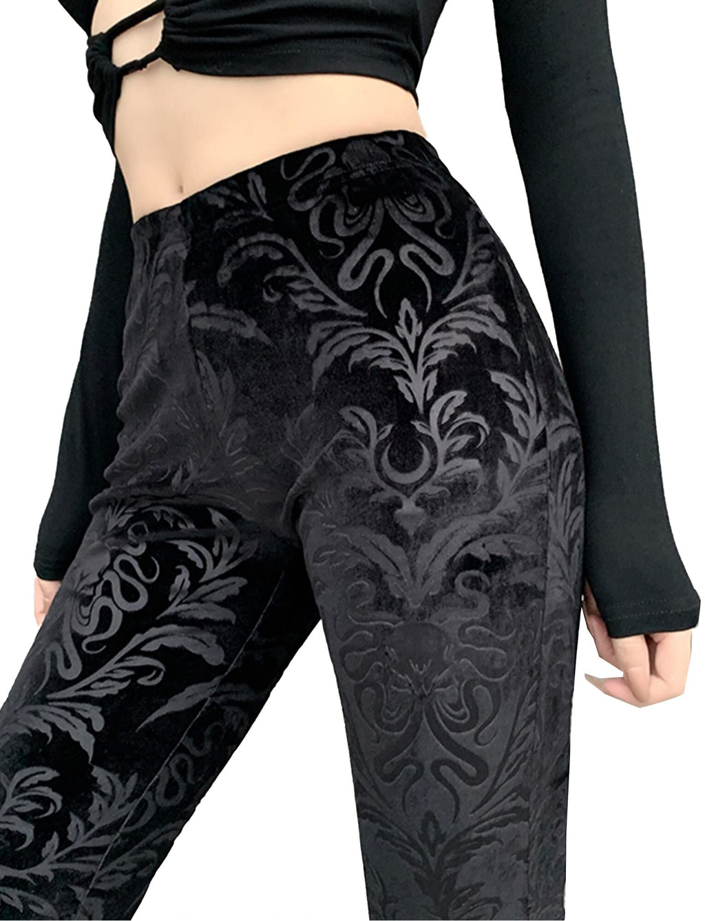 SEAUR Gothic Punk - Pantaloni da donna in pizzo floreale vintage, in velluto nero, Y2K, per il tempo libero, Grunge Party Club Wear