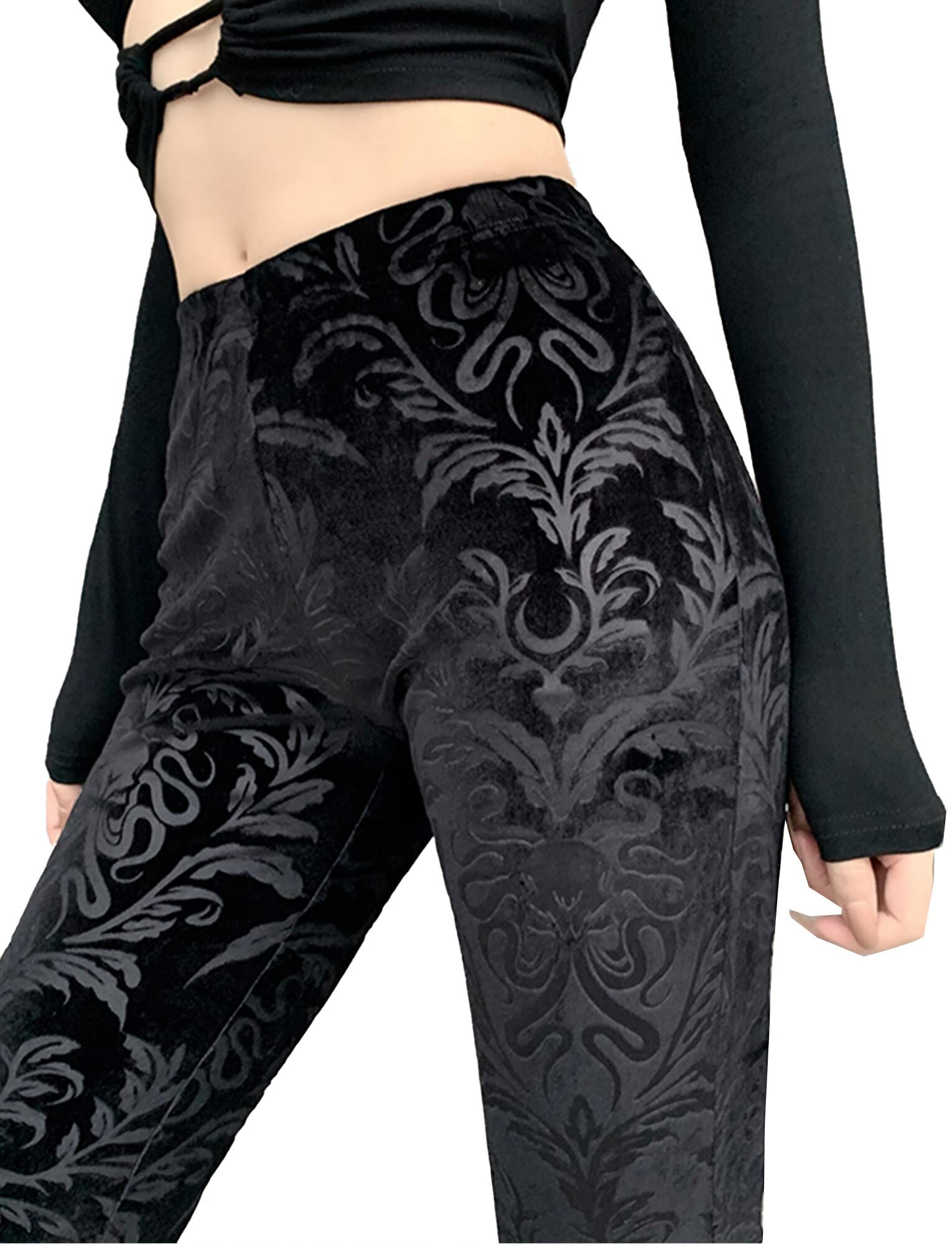 SEAUR Gothic Punk - Pantaloni da donna in pizzo floreale vintage, in velluto nero, Y2K, per il tempo libero, Grunge Party Club Wear